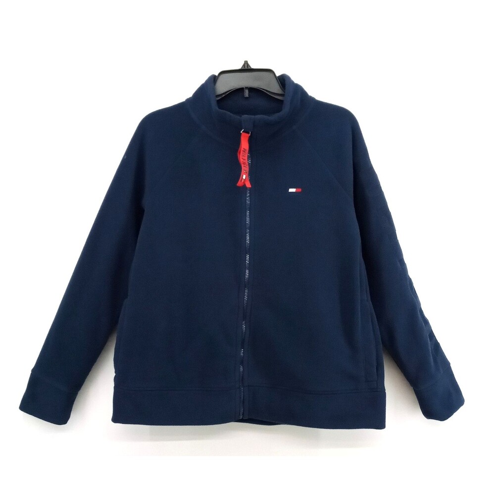 Tommy Hilfiger Sport Jacket Women Medium Blue Full Zip Fleece Spell Out Logo